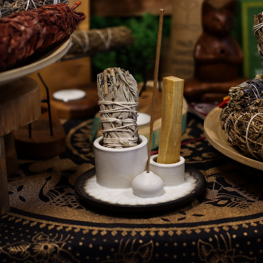 Supporto per Palo Santo e mazzetti aromatici — Mandala bianco e grigio