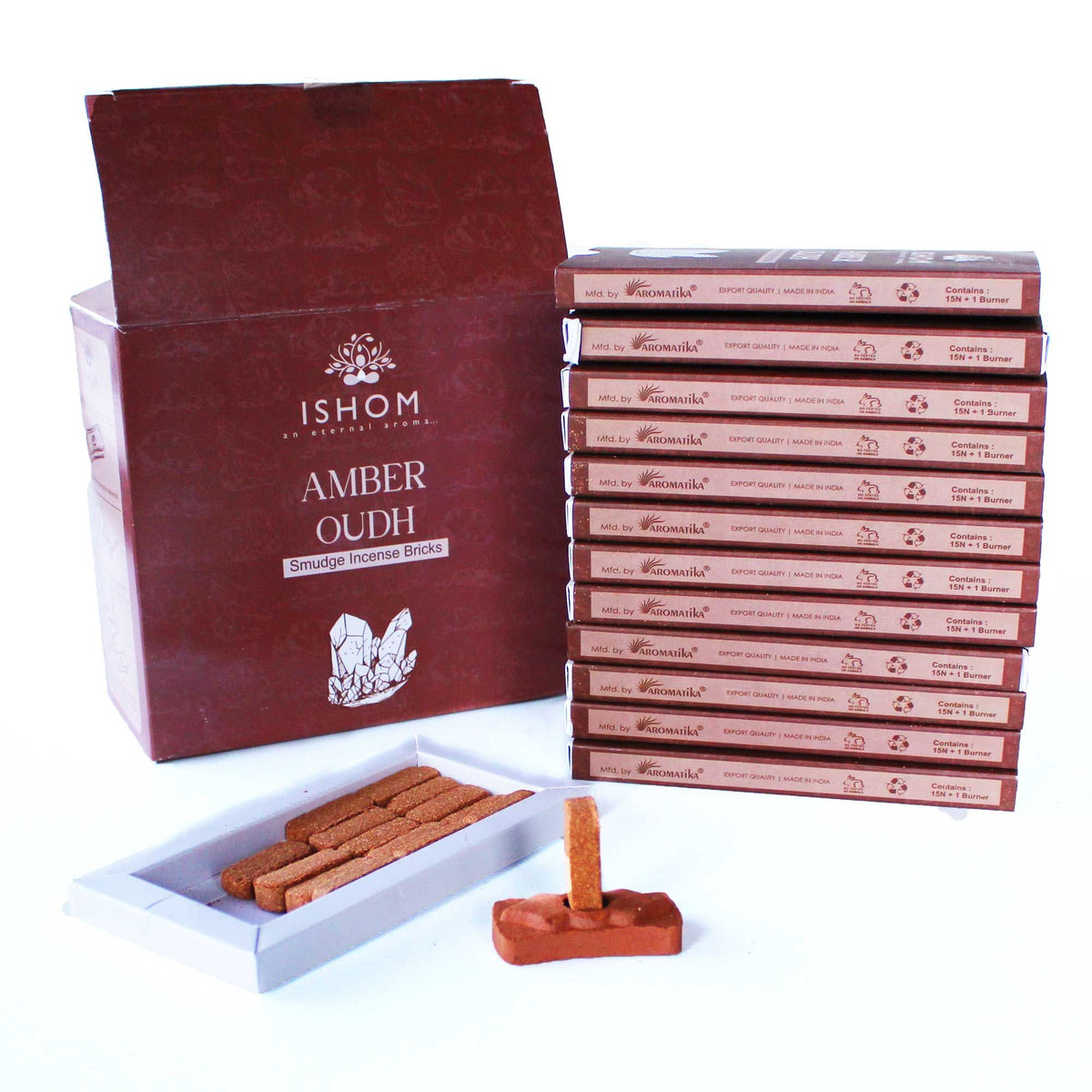 Set 15 mattoncini di incenso e bruciatore — Legno ambrato
