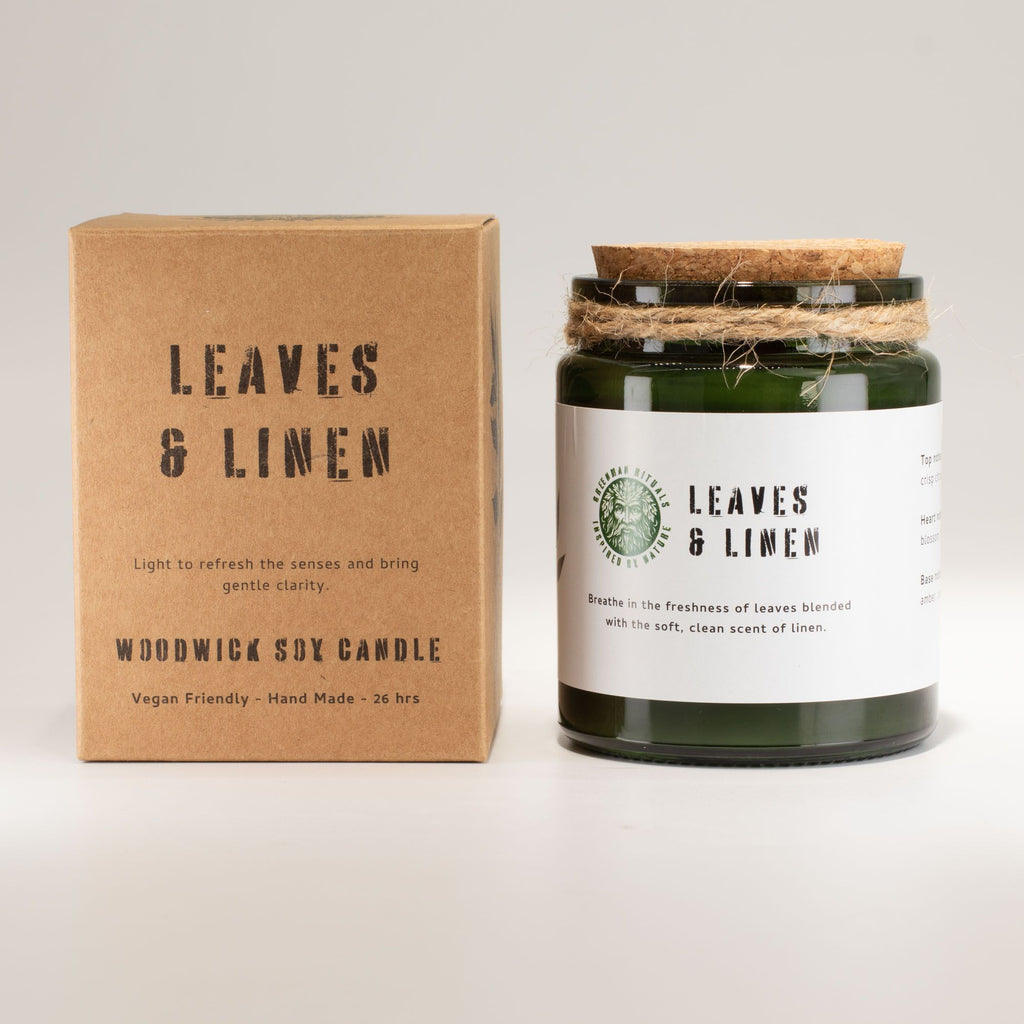 Candela in cera di soia Greenman — Foglie e lino