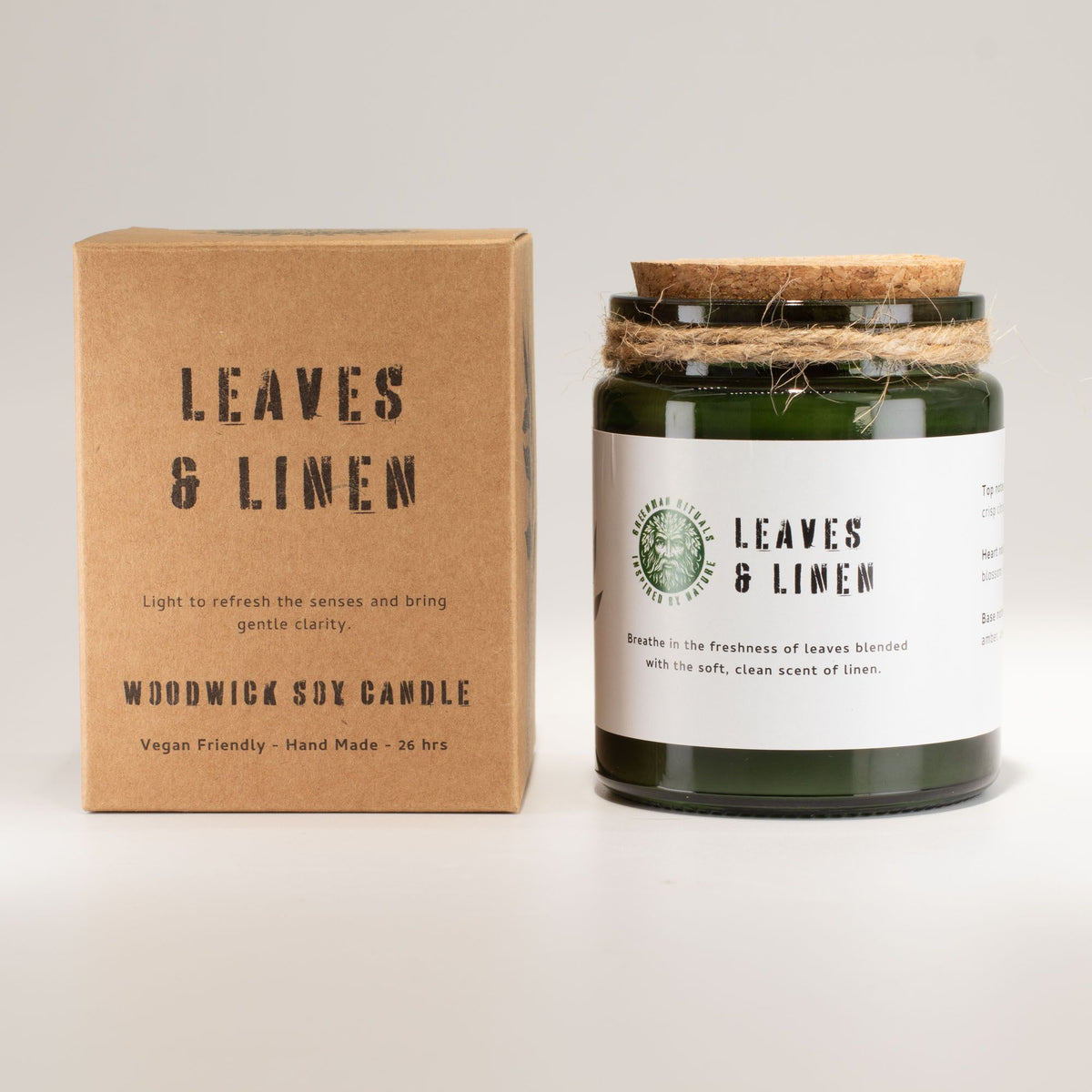 Candela in cera di soia Greenman — Foglie e lino