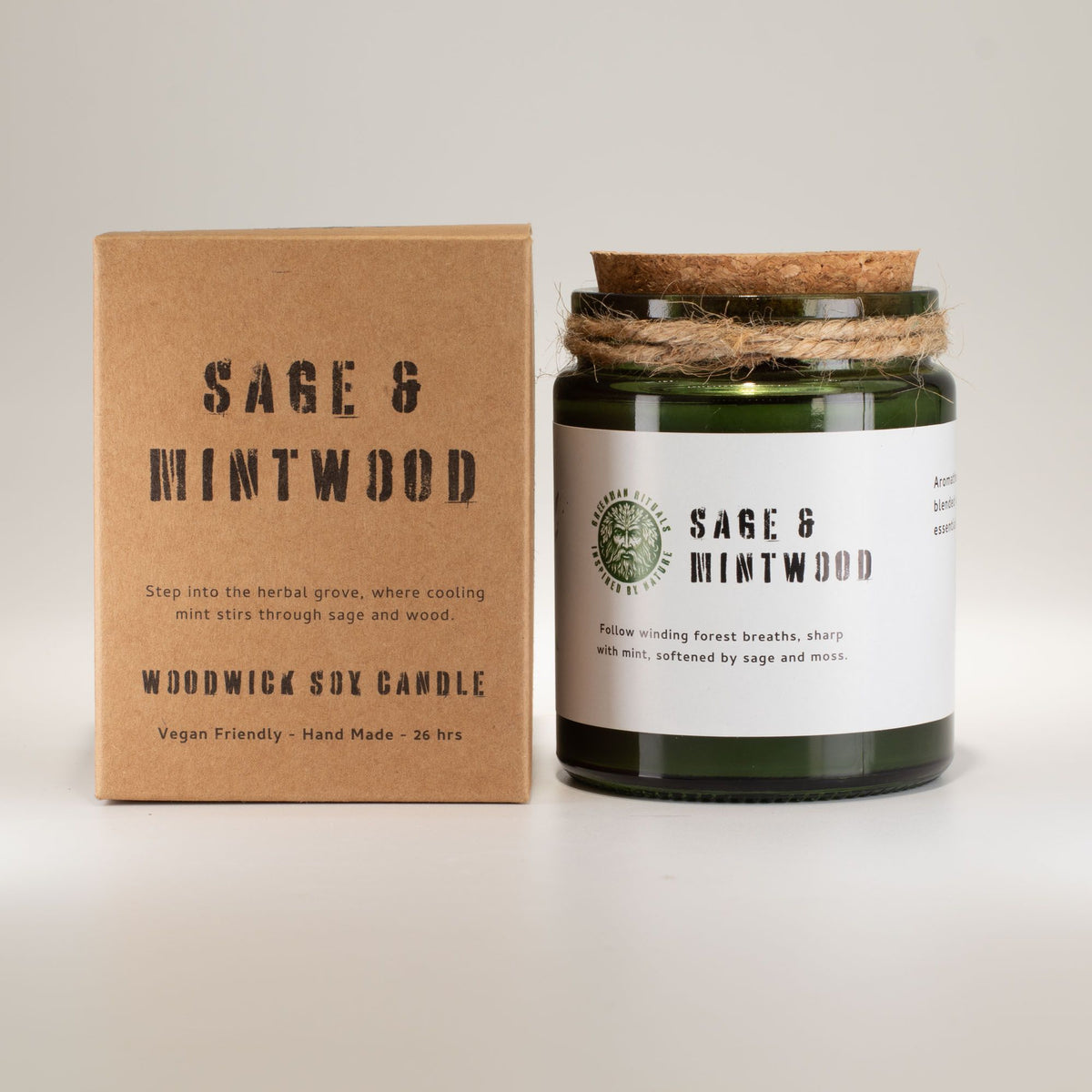 Candela in cera di soia Greenman — Salvia, menta e legni