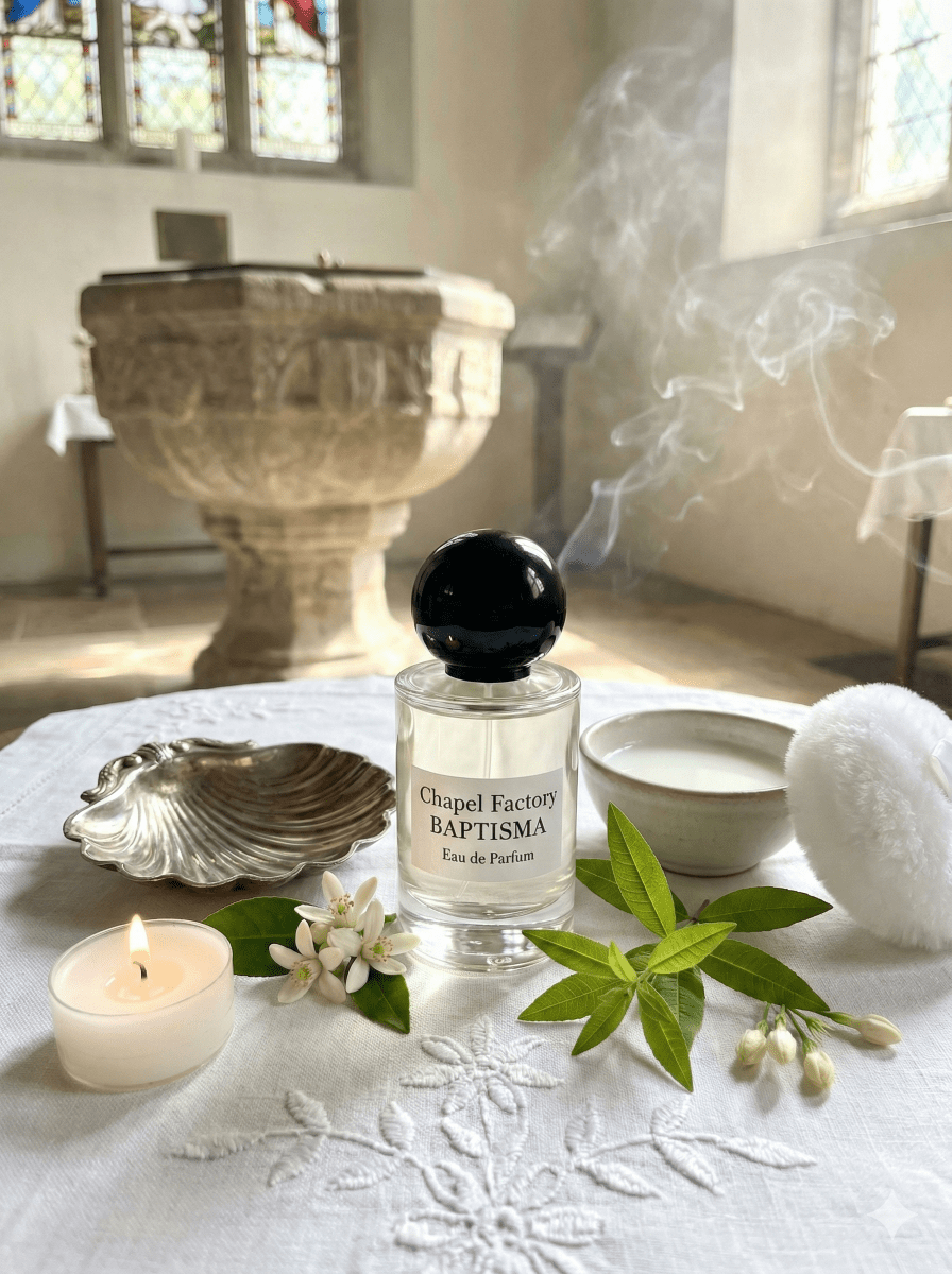 Baptisma di Chapel Factory davanti a un fonte battesimale, tra fiori bianchi e luce naturale