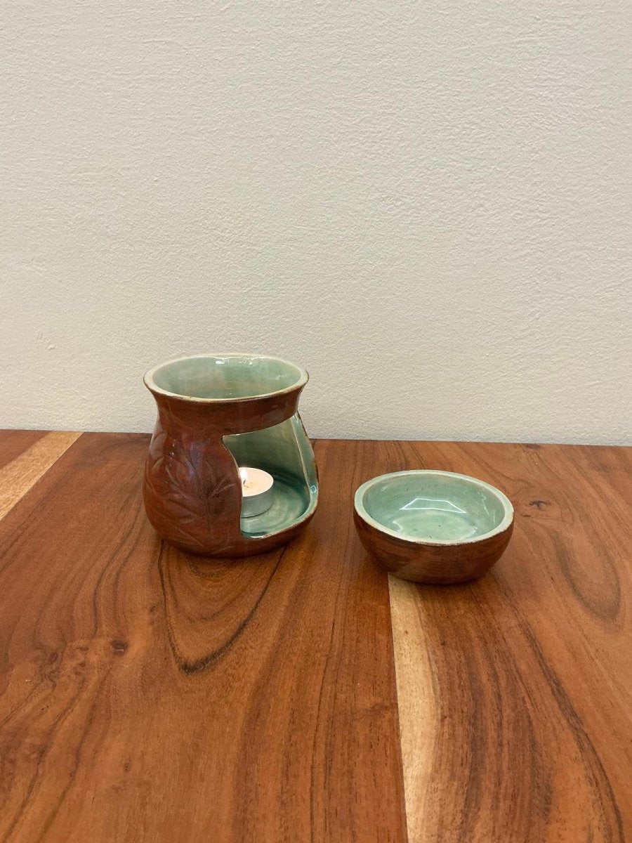 Brucia Essenze in Gres Marrone e Verde con Decoro Foliage - Kōdō.boutique