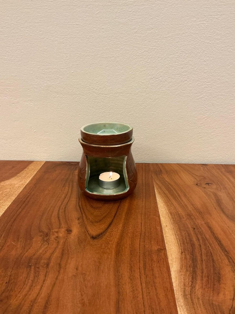 Brucia Essenze in Gres Marrone e Verde con Decoro Foliage - Kōdō.boutique